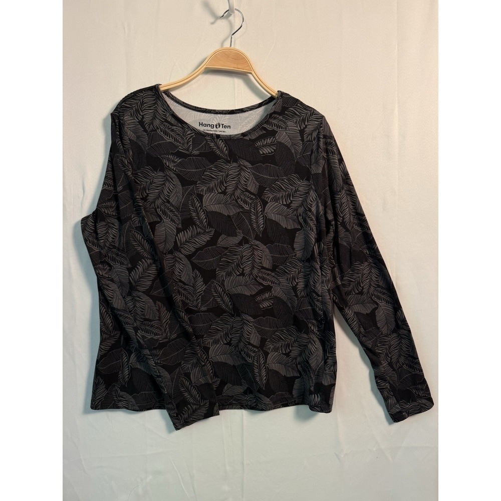 Hang Ten UPF 50+ Shirt Soft Stretch Leaf Print XL Black Gray Athleisure Pocket